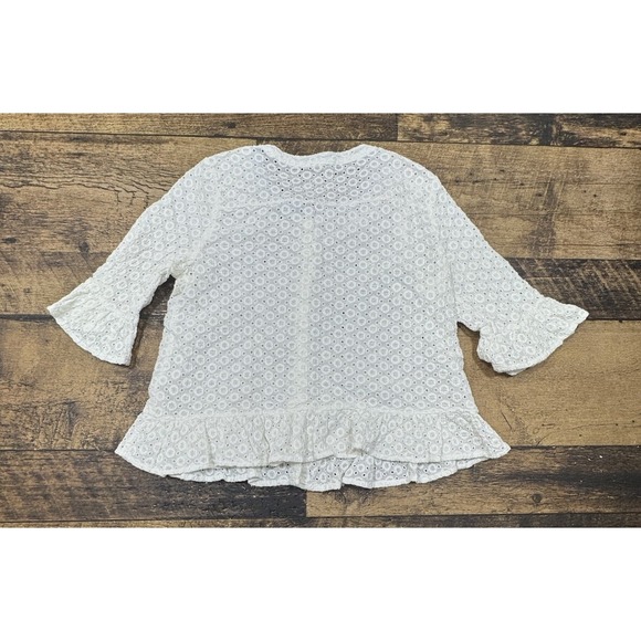 Mystree Lace Crochet Top Womens‎ Size Small Ivory Mid Sleeve Button Up Cotton - Picture 6 of 10